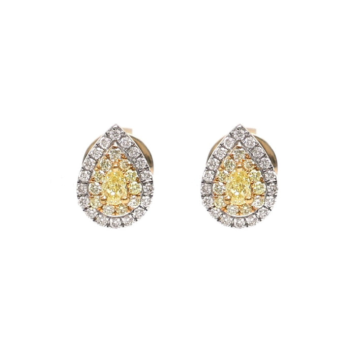 Pear Yellow Diamond Halo 18K Natural Diamond Two-Tone Gold Stud Earrings