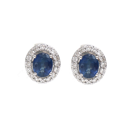Blue Sapphire Halo 18K Natural Diamond White Gold Stud Earrings