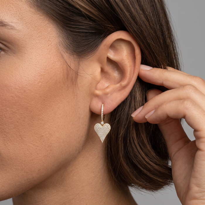 Heart Drop Diamond Huggie Earrings in 14K Yellow Gold