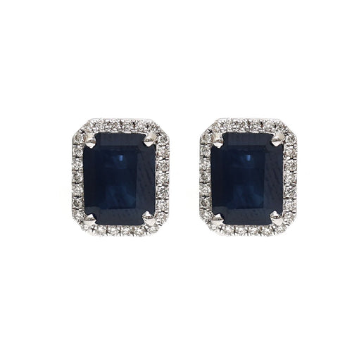 Blue Sapphire & Natural Diamond Halo Stud Earrings in 18K White Gold