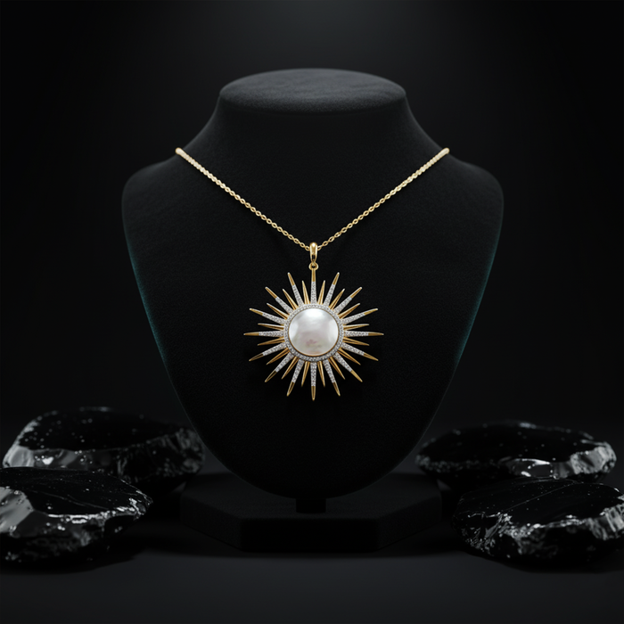 Diamond Malachite Pearl Pendant Necklace in 14K Yellow Gold