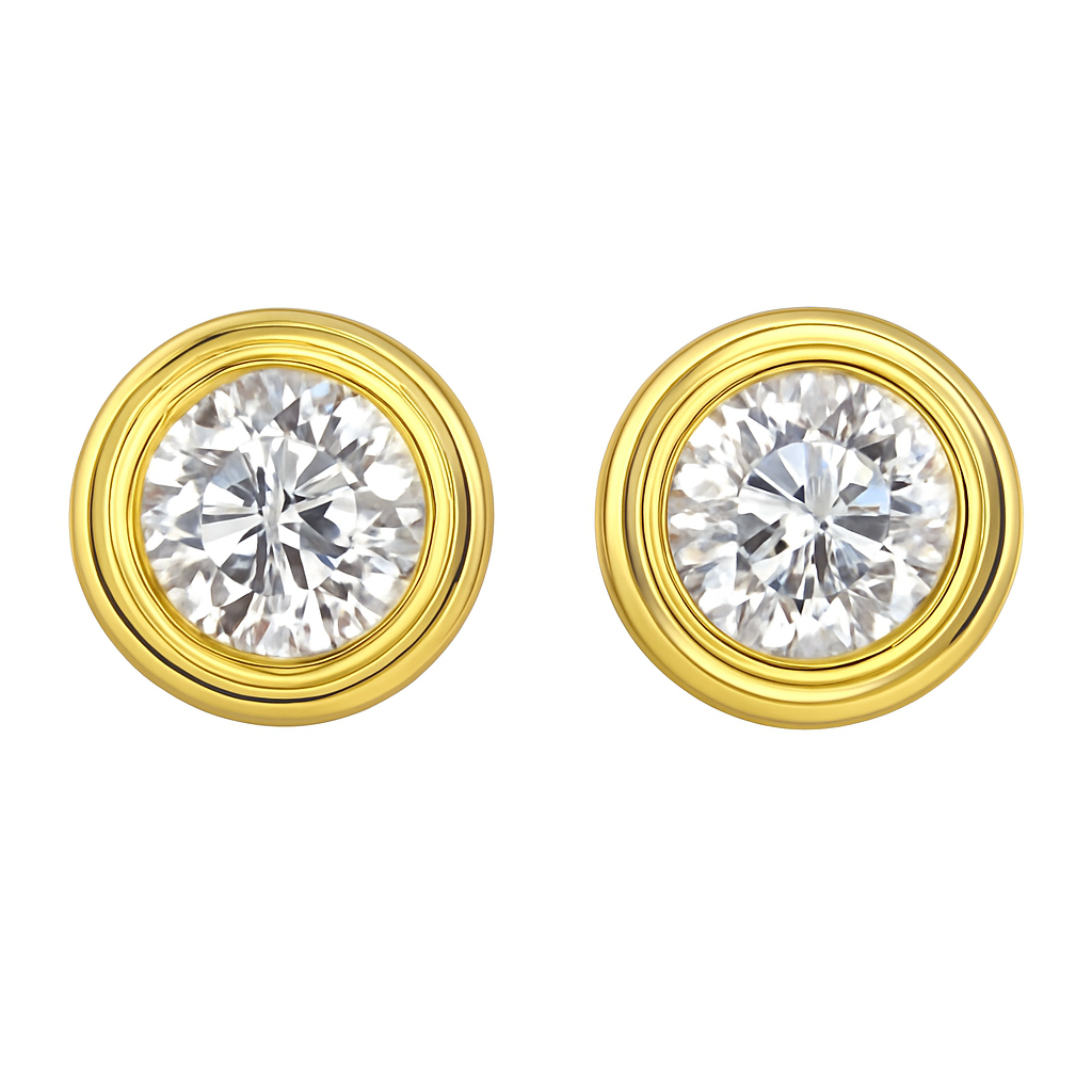 Bezel Set Round Brilliant Stud Earrings in 18K Yellow Gold