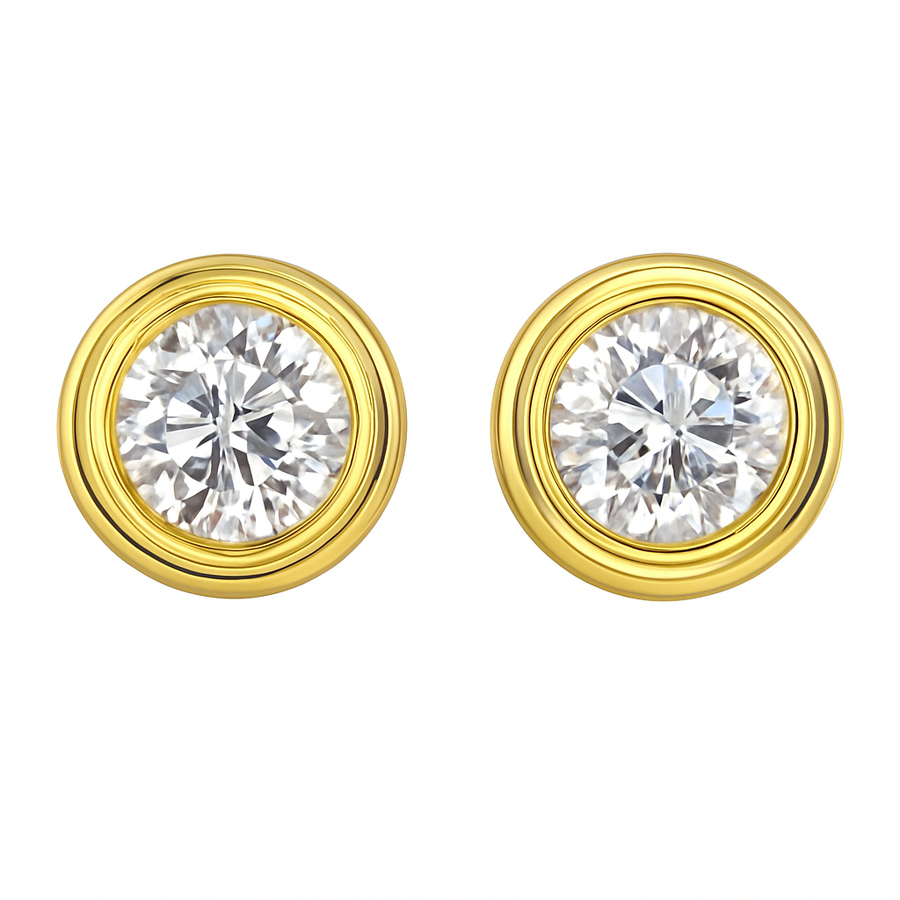 Bezel Set Round Brilliant Stud Earrings in 18K Yellow Gold