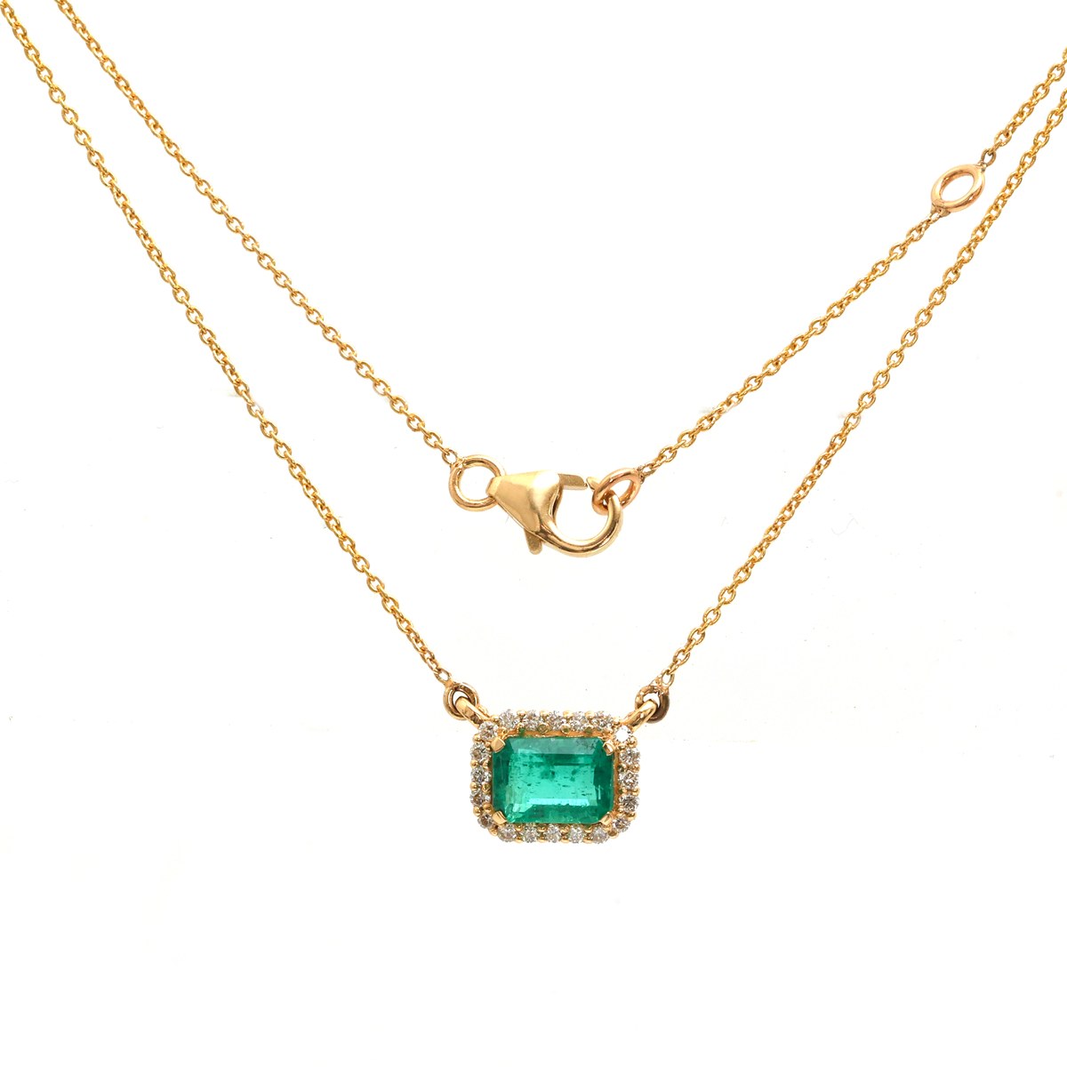 Emerald & Natural Diamond 18K Yellow Gold Rectangle Halo Necklace