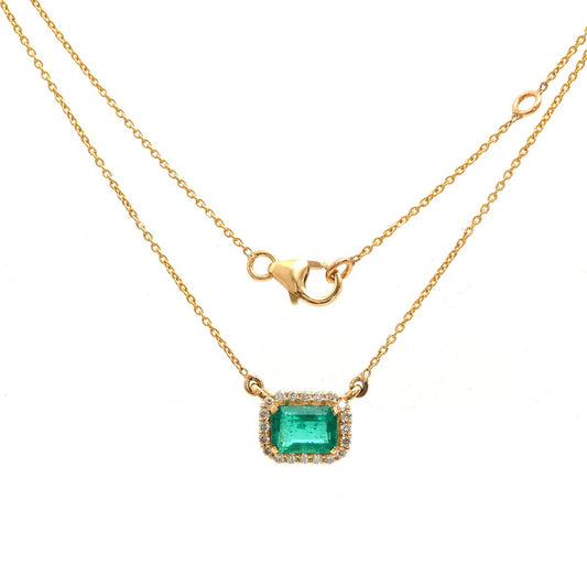 Emerald & Natural Diamond 18K Yellow Gold Rectangle Halo Necklace