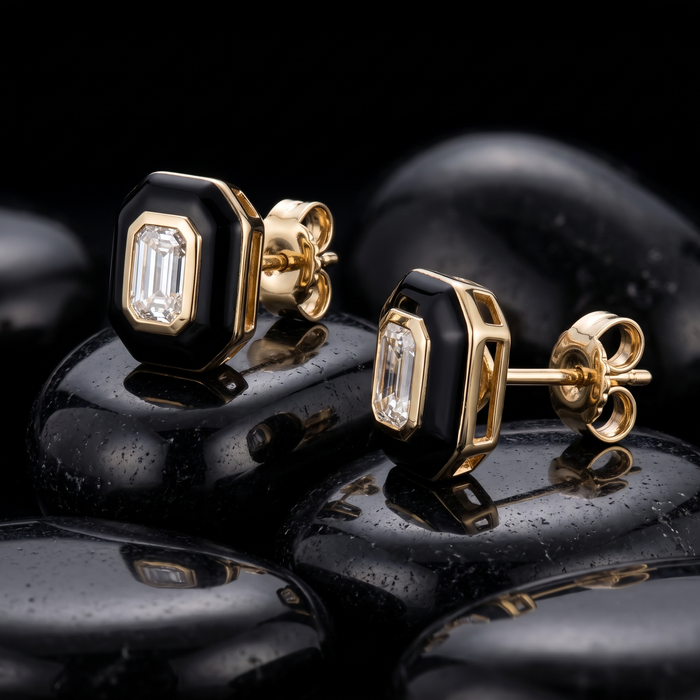 Eternal Black Enamel Stud Earrings in 14K Yellow Gold