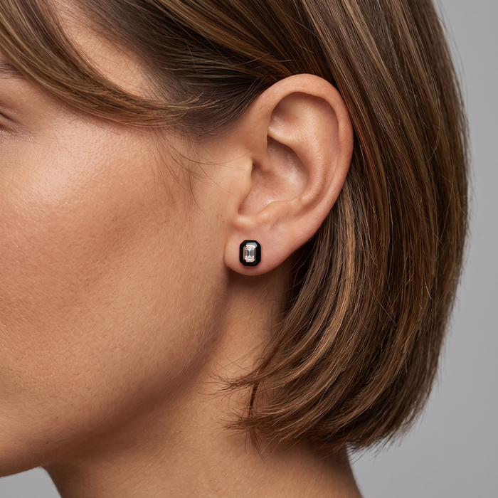 Eternal Black Enamel Stud Earrings in 14K Yellow Gold