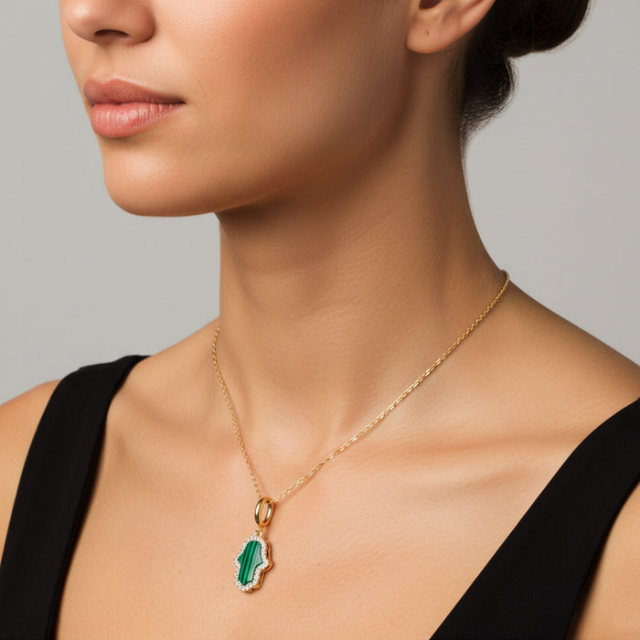 Malachite Hamsa Pendant Diamond Necklace in 14K Yellow Gold