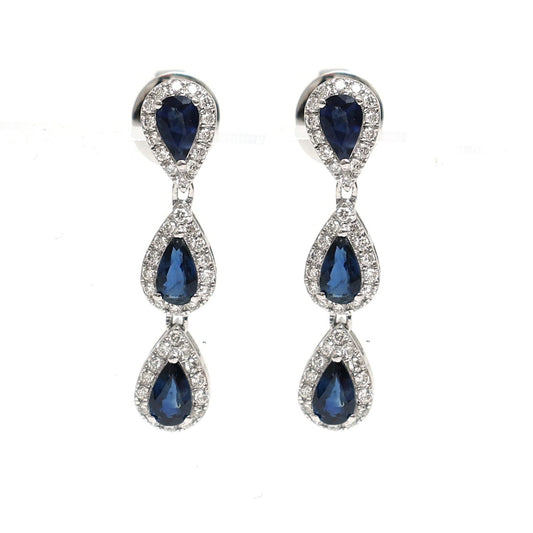 Blue Sapphire 18K Natural Diamond White Gold Triple Drop Earrings