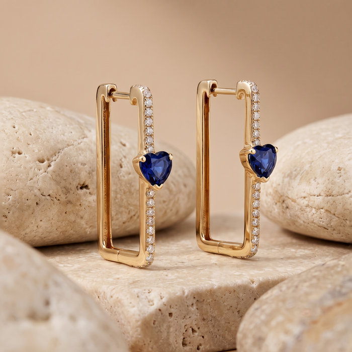 Opulence Blue Sapphire Hoops Diamond Earrings in 14K Yellow Gold