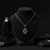 Malachite Hamsa Pendant Diamond Necklace in 14K Yellow Gold