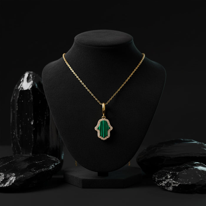 Malachite Hamsa Pendant Diamond Necklace in 14K Yellow Gold