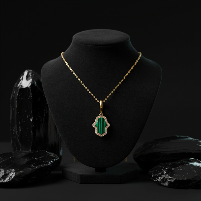 Malachite Hamsa Pendant Diamond Necklace in 14K Yellow Gold