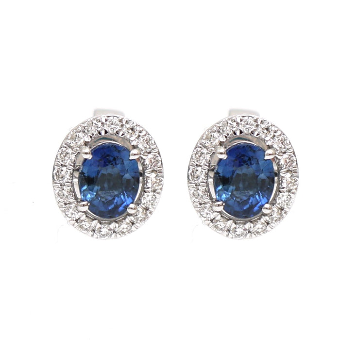 Royal Blue Sapphire Halo 18K Natural Diamond White Gold Stud Earrings