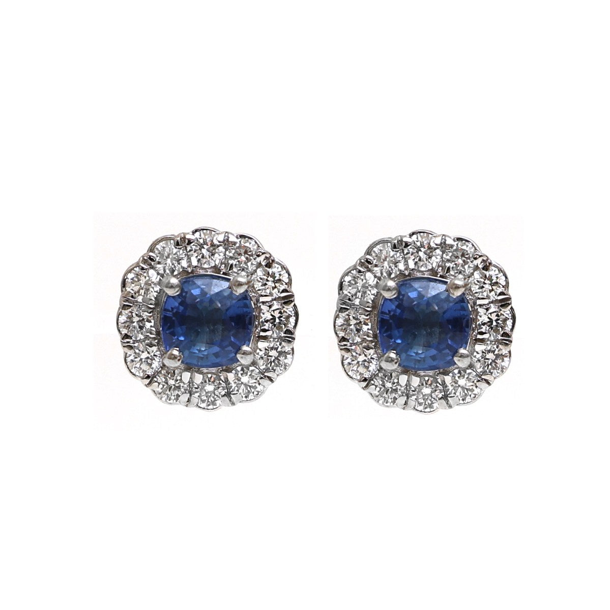 Blue Sapphire Halo 18K Natural Diamond White Gold Earrings