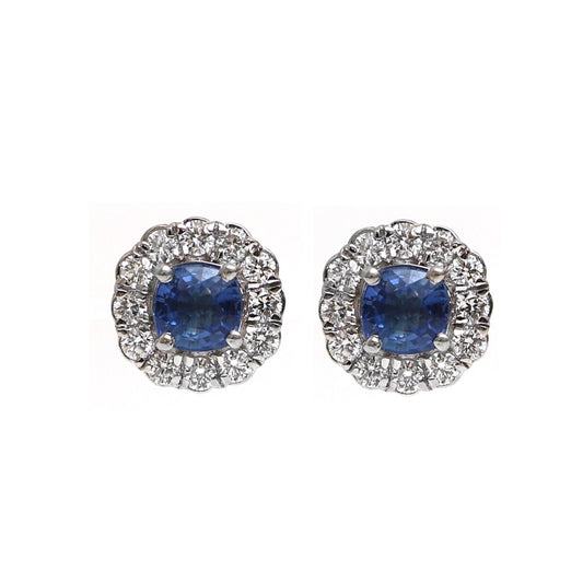 Blue Sapphire Halo 18K Natural Diamond White Gold Earrings