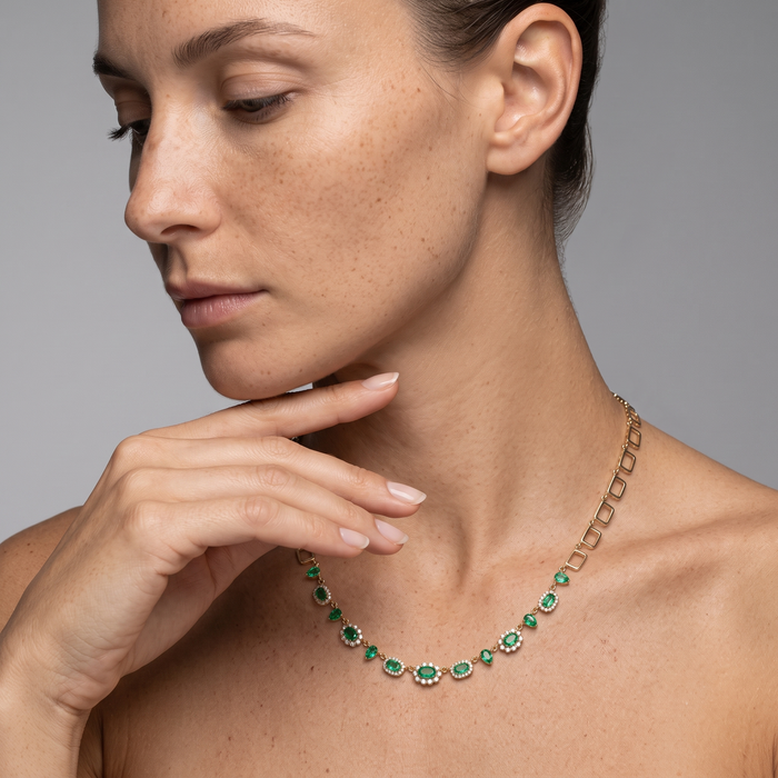 Gemstone Emerald 14K (or 18k upon request) Yellow Gold Diamond Link Necklace
