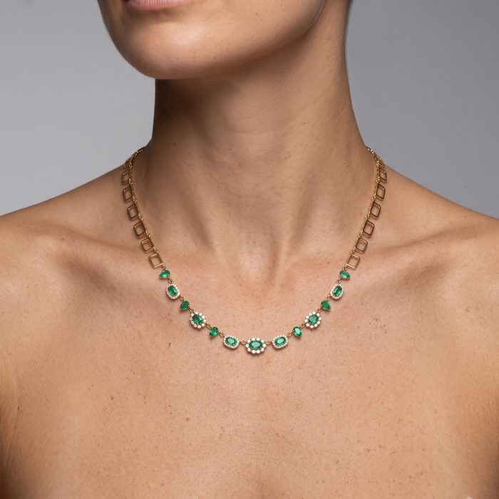 Gemstone Emerald 14K (or 18k upon request) Yellow Gold Diamond Link Necklace
