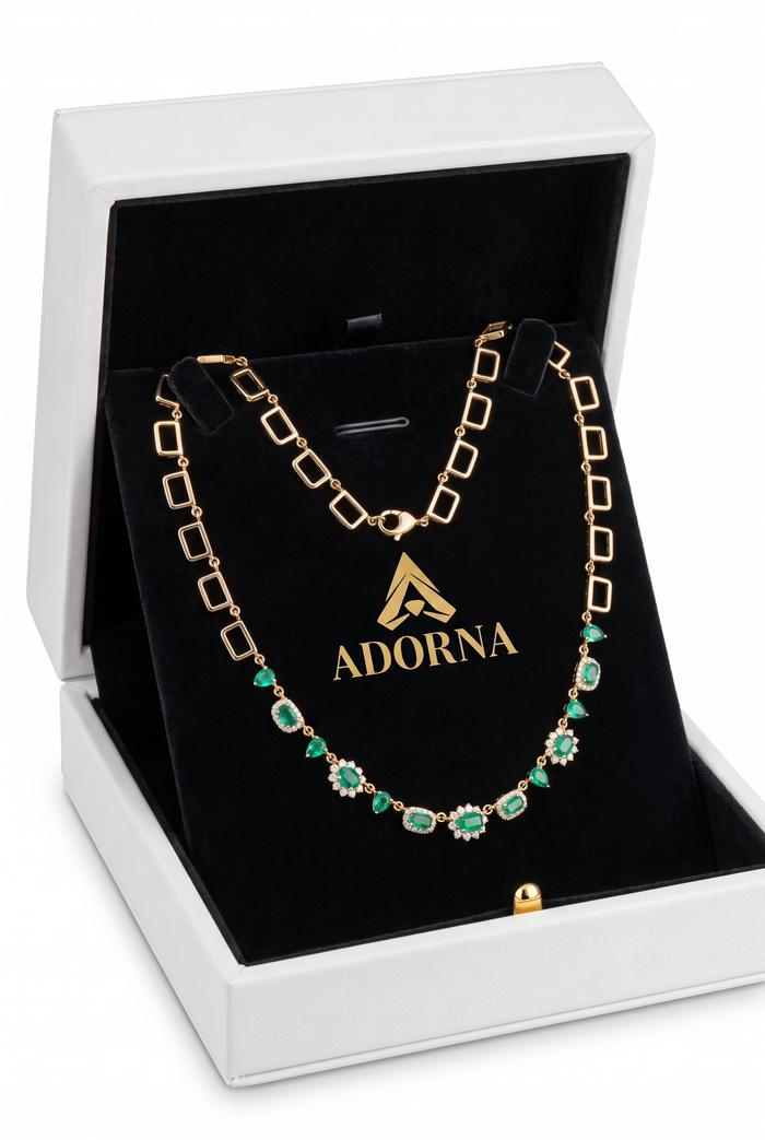 Gemstone Emerald 14K (or 18k upon request) Yellow Gold Diamond Link Necklace