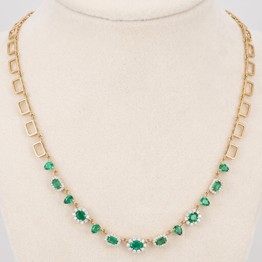 Gemstone Emerald 14K (or 18k upon request) Yellow Gold Diamond Link Necklace