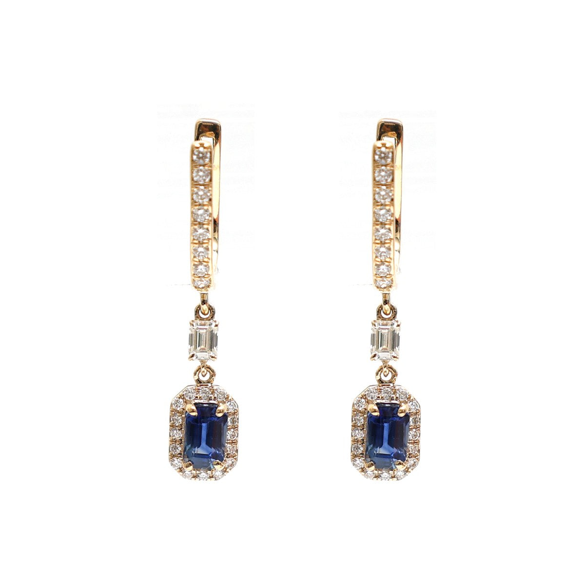 Blue Sapphire Halo 18K Natural Diamond Yellow Gold Drop Earrings