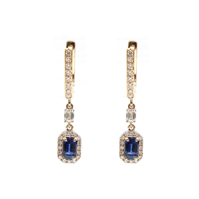 Blue Sapphire Halo 18K Natural Diamond Yellow Gold Drop Earrings