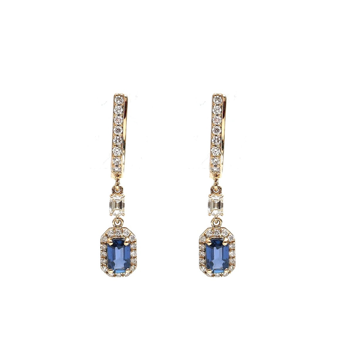 Blue Sapphire Halo 18K Natural Diamond Yellow Drop Earrings