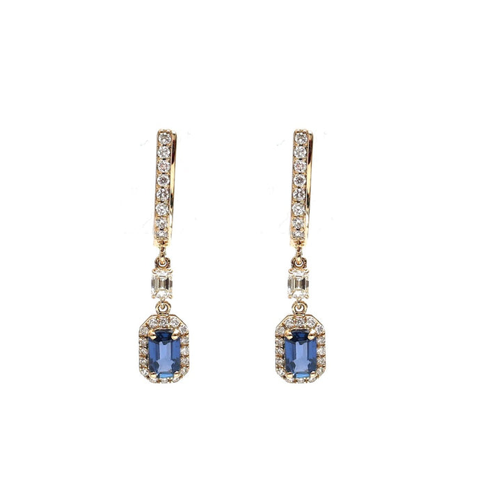 Blue Sapphire Halo 18K Natural Diamond Yellow Drop Earrings