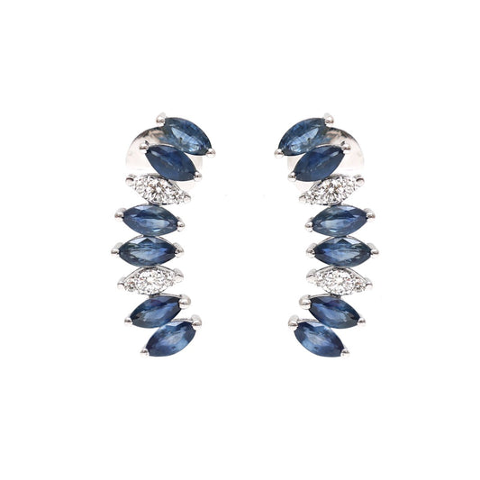 Blue Sapphire 18K Natural Diamond White Gold Ear Climber Earrings