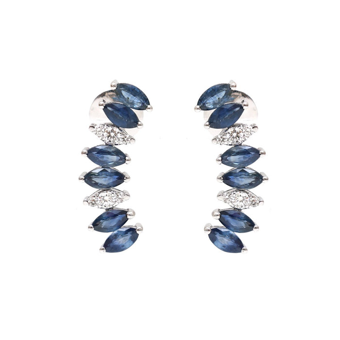 Blue Sapphire 18K Natural Diamond White Gold Ear Climber Earrings