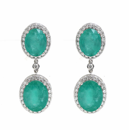 Royal Bloom Emerald Diamond Drop Earrings in 18K White Gold