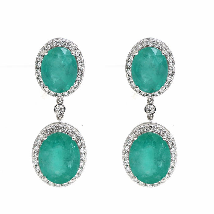 Royal Bloom Emerald Diamond Drop Earrings in 18K White Gold