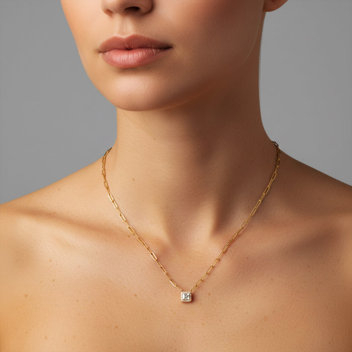 Paperclip Cushion Cut Diamond Pendant Chain Necklace in 14K Gold