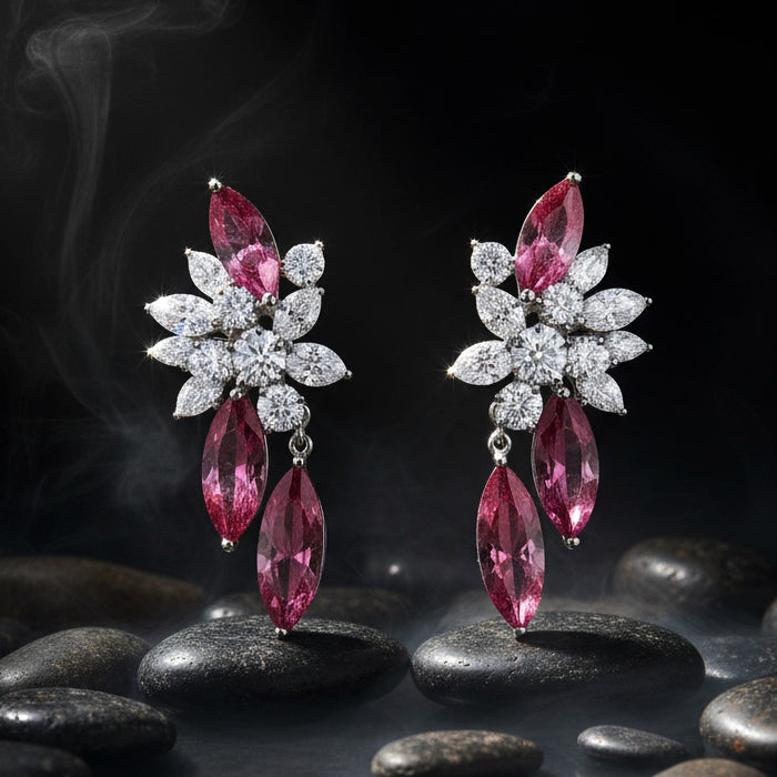 Marquise Ruby Diamond Floral Drop Earrings in 18K White Gold