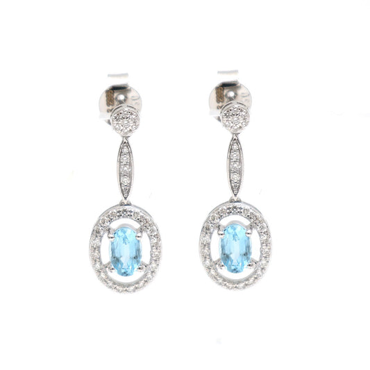 Pear Aquamarine 18K Natural Diamond White Gold Halo Drop Earrings