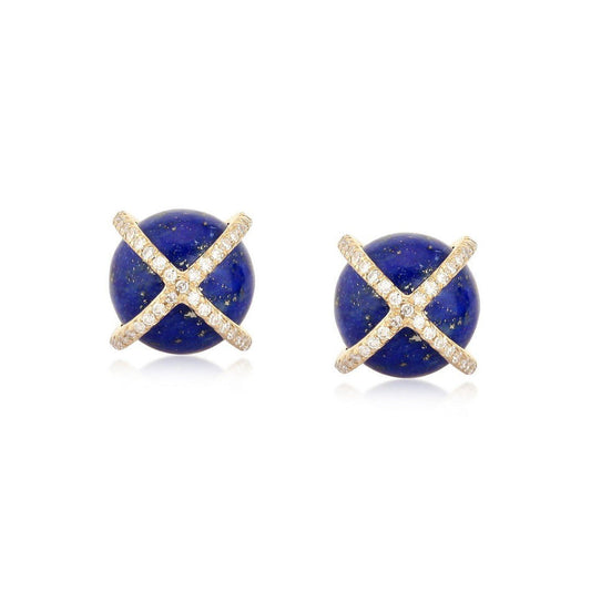 Charm Lapis Pearl Diamond Stud Earrings in 14K Yellow Gold