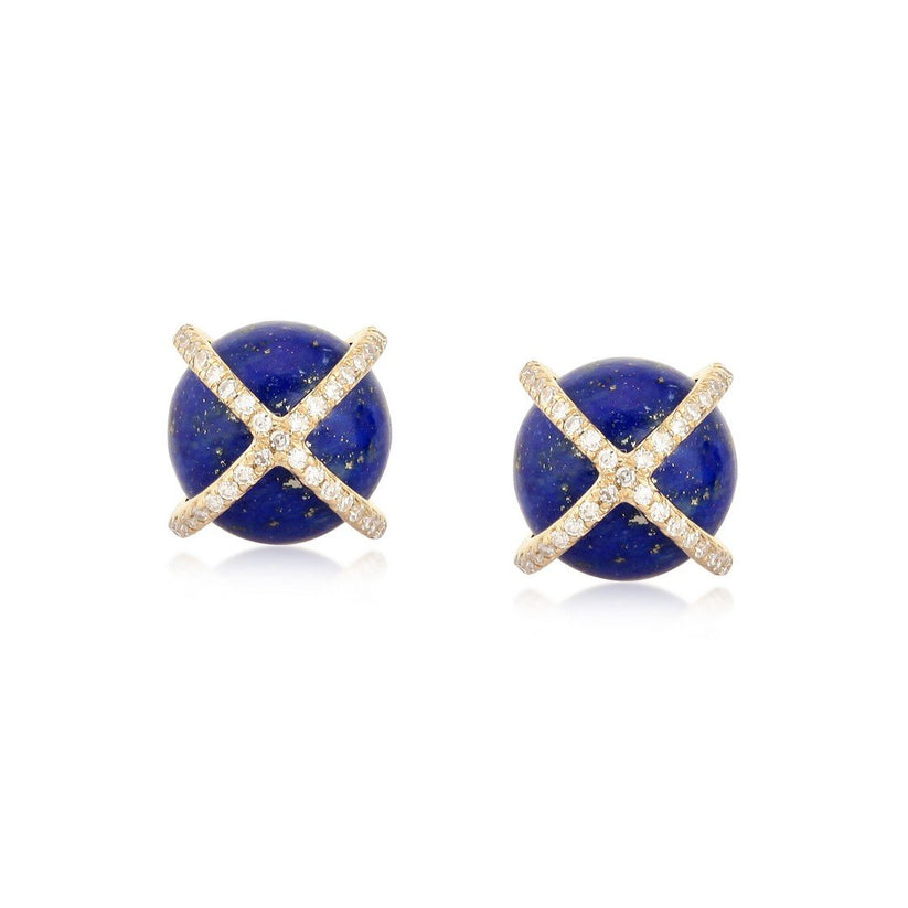 Charm Lapis Pearl Diamond Stud Earrings in 14K Yellow Gold