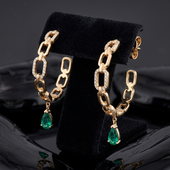 Emerald Diamond Chain Link Hoop Earrings in 14K Yellow Gold