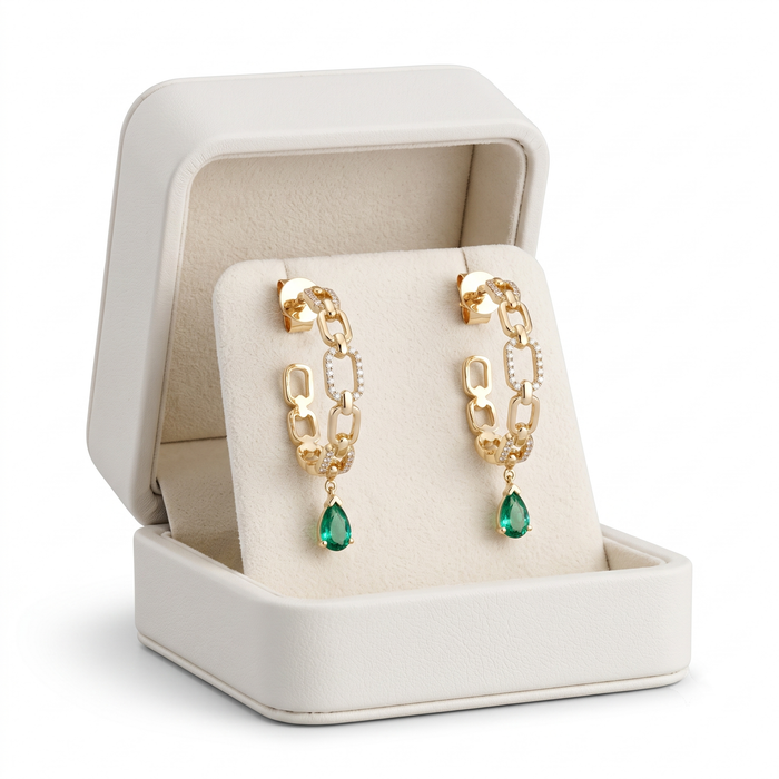 Emerald Diamond Chain Link Hoop Earrings in 14K Yellow Gold