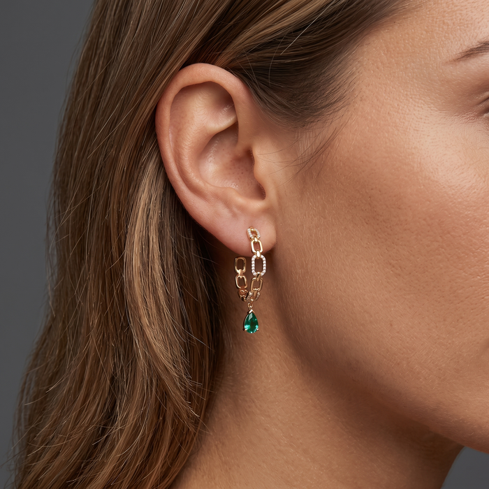 Emerald Diamond Chain Link Hoop Earrings in 14K Yellow Gold