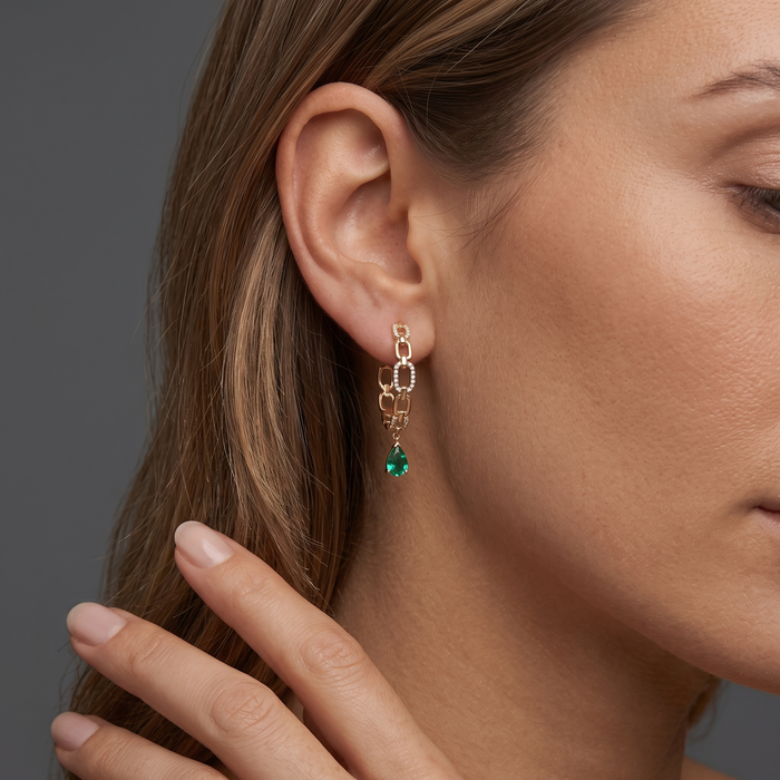 Emerald Diamond Chain Link Hoop Earrings in 14K Yellow Gold