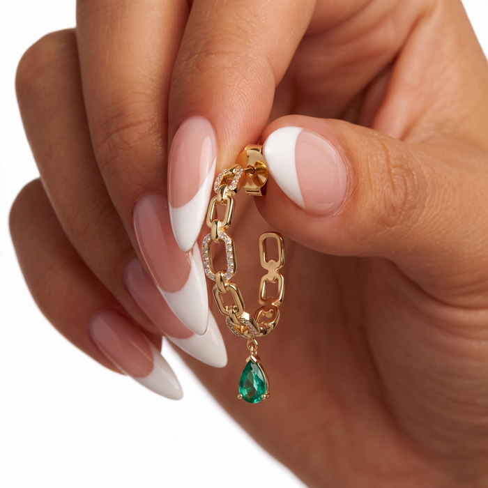 Emerald Diamond Chain Link Hoop Earrings in 14K Yellow Gold