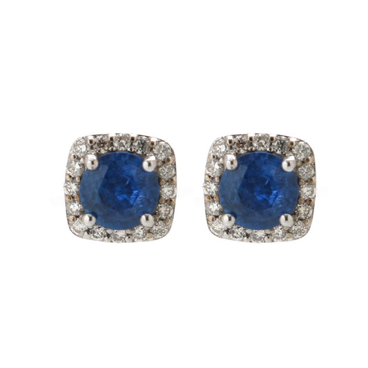 Blue Sapphire Halo 14K (18K Custom) Natural Diamond White Gold Stud Earrings