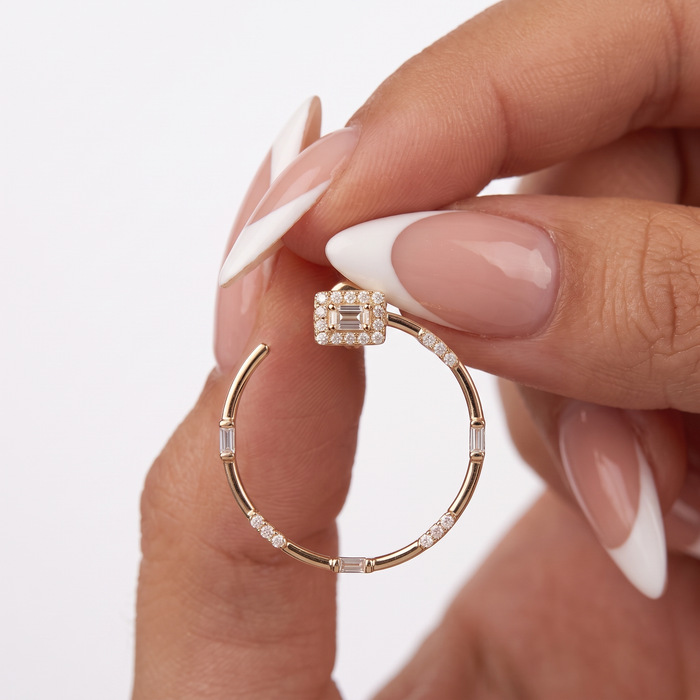 Baguette Diamond Circle Stud Hoop Earrings in 14K Yellow Gold