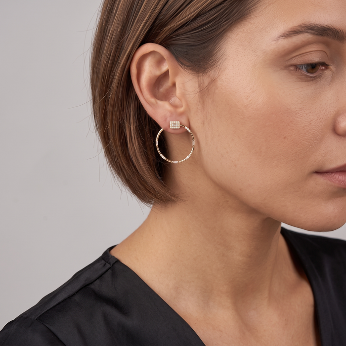 Baguette Diamond Circle Stud Hoop Earrings in 14K Yellow Gold
