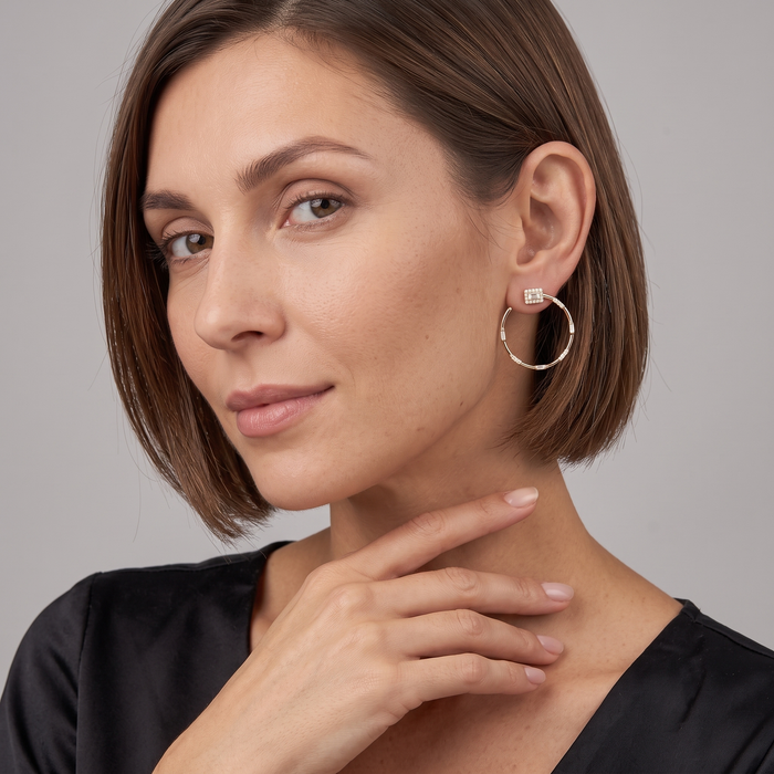 Baguette Diamond Circle Stud Hoop Earrings in 14K Yellow Gold