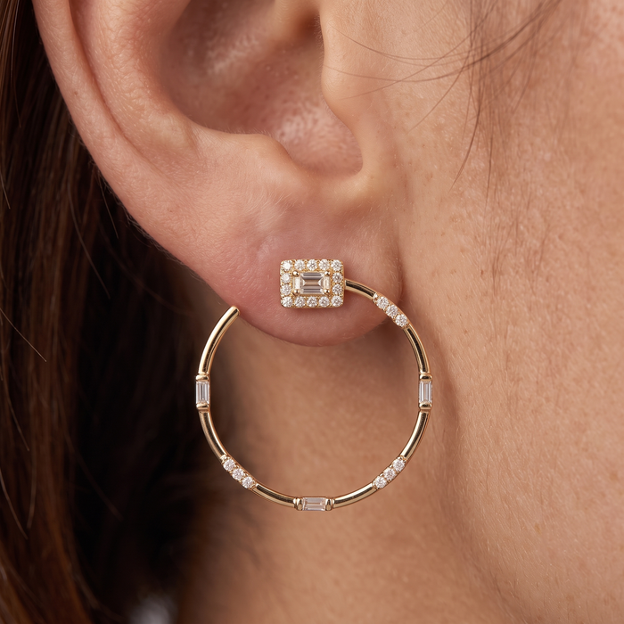 Baguette Diamond Circle Stud Hoop Earrings in 14K Yellow Gold