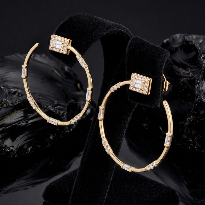 Baguette Diamond Circle Stud Hoop Earrings in 14K Yellow Gold