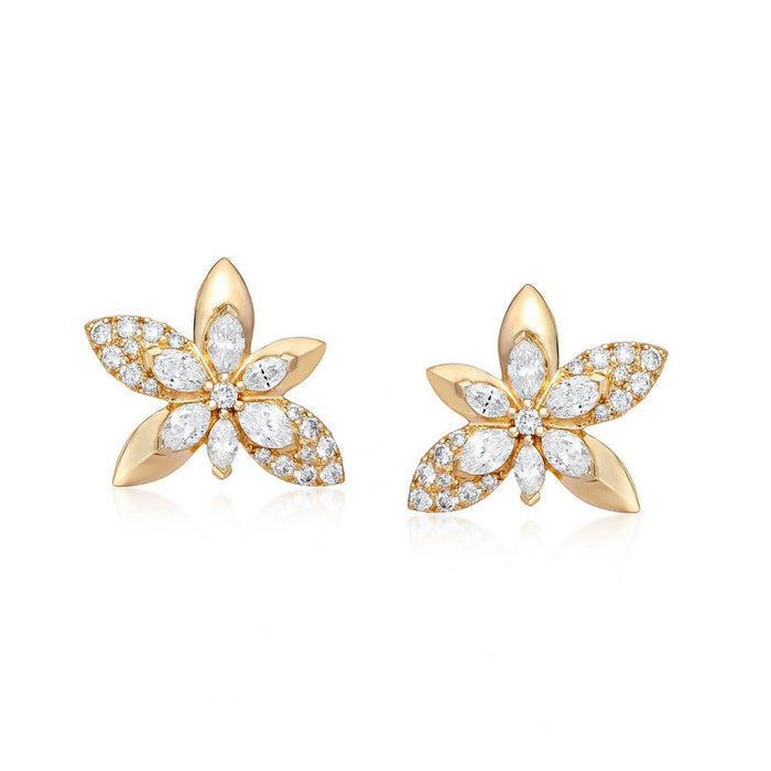 Marquise Diamond Five Petal Flower Stud Earrings in 14K Yellow Gold