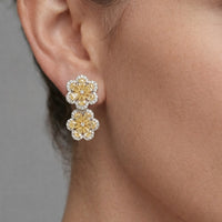 Double Bloom Flower Drop Earrings in 18K White Gold